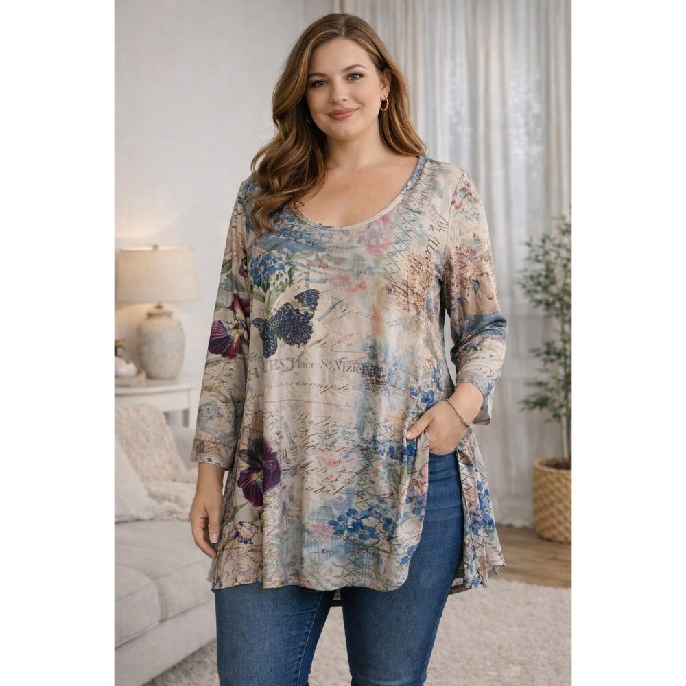 Lily by Firmiana 4XL Butterfly Floral Tunic Top Vintage Print Long Sleeve